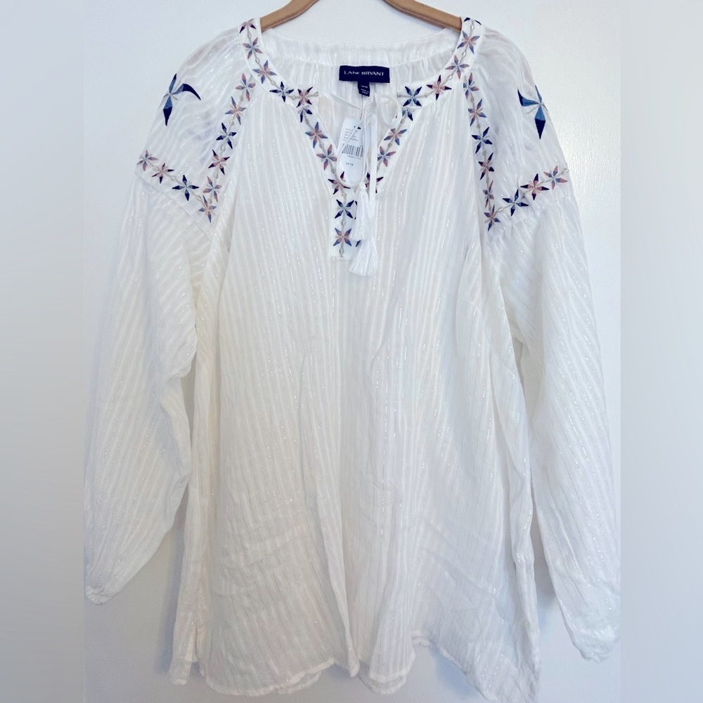NWT Lane Bryant Blouse Women's 14/16 White Blue Pink Embroidered Peasant